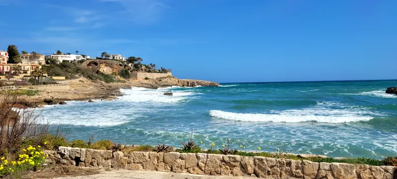 Küstenpanorama der Bucht mit türkisem Meer und gelben Blumen